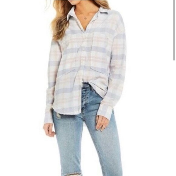 FREE PEOPLE Frayed Plaid Button Up Long Sleeve White Pink Small - Picture 1 of 5
